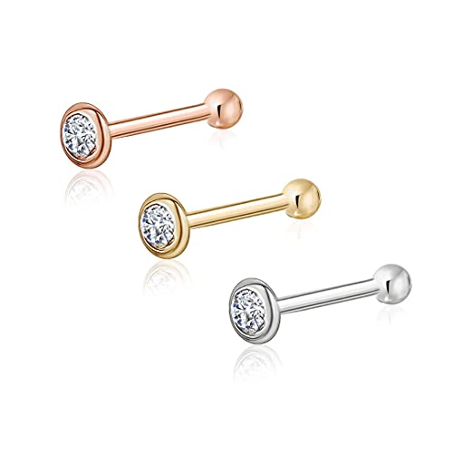 14k Gold Nose Ring with Simulated Diamond Stud Piercing Body Bezel Set Micro Yellow White Rose 3 Pack