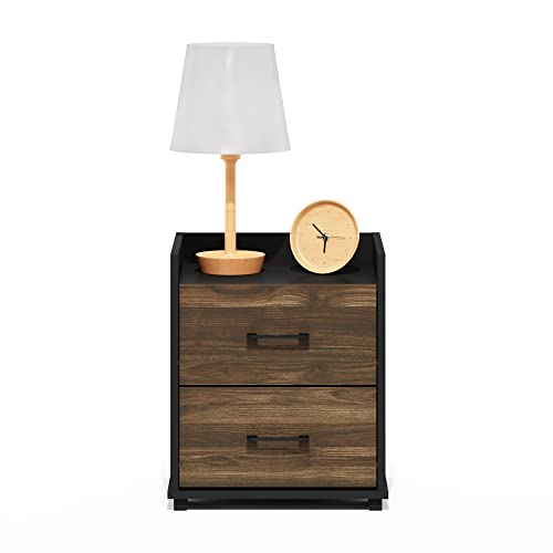 Image of Furinno Tidur Night Stand with Drawers, 2 Drawers, Brown Walnut /Black | Compact, Open Shelf Nightstand, Bedside Table, End Table, Side Table for Small Spaces, Living Room, Bedroom