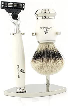 3-Klingen-Rasierset mit Echt-/Super-Dachshaarbürste und Edelstahl-Rasierständer von Jag Shaving