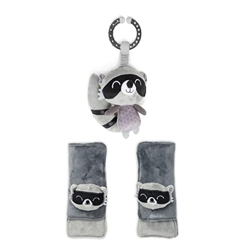 Image of Diono Baby Racoon Character Car Seat Straps & Toy, Shoulder Pads for Baby, Infant, Toddler, 2 Pack Soft Seat Belt Cushion and Stroller Harness Covers Helps Prevent Strap Irritation