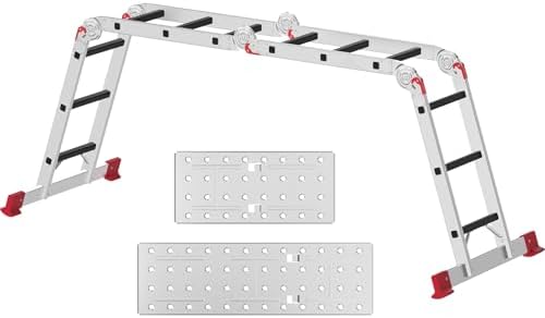 AMHANCIBLE Mehrzweckleiter, Leiter, 3.4M Aluleiter, 4 x 3 Stufen, Stabil | Trittleiter, Haushaltsleiter, bis 150 kg,12 Stufen, in 6 Positionen, TÜV/GS Zertifiziert, Anti-Rutsch, Ro