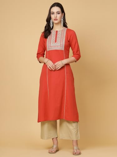 Image of Pistaa's Women's Cotton Relaxed Fit A Line Embroid A-Line Pattern Kurta