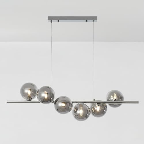 Lampadario Moderno a Sospensione 6 Sfere Vetro Ø13cm | Struttura in Metallo Oro/Grigio/Ambra | Attacco G9 Altezza Regolabile 300–1015 mm | Illuminazione Soggiorno Cucina Sala da Pranzo (Grigio)