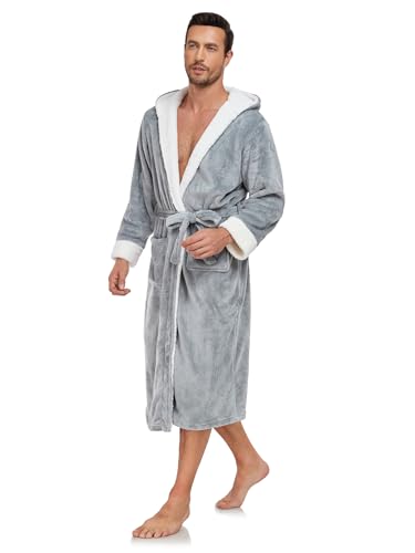 RONGTAI Mens Hooded Fleece Bathrobe Soft Plush Long Robe for Men with Belt & 2 Pockets4