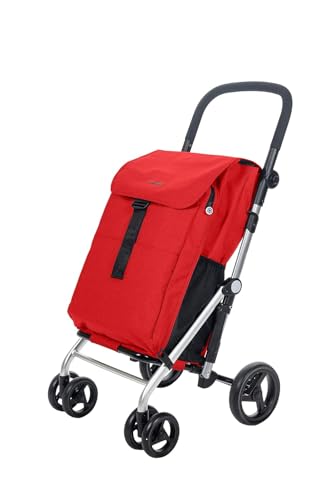Chariot de supermarché robuste Carlett grand panier pliable 4 roues 64L rouge avec crochet