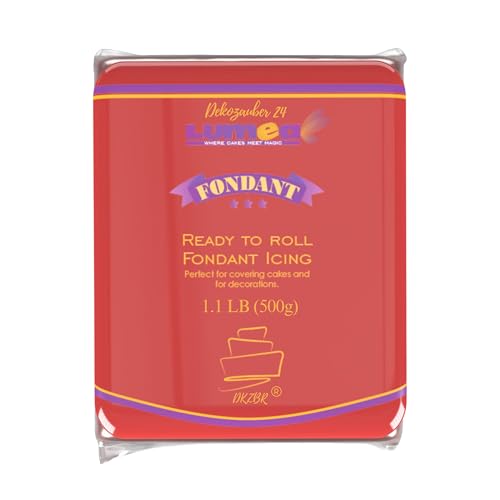 Dekozauber24 Fondant red, 1.1 LB, for cakes and figurines, gluten free, slight vanilla taste, red fondant icing ready to roll for edible cake decoration