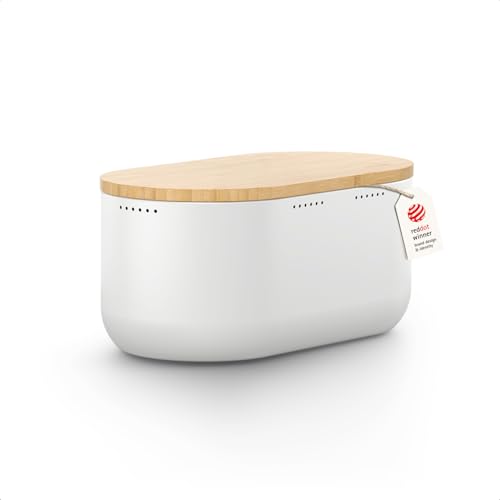Image of LARS NYSOM Bread Box I Metal bread box for long lasting freshness with non-slip pads I Baked goods Bin with bamboo lid usable as cutting board I 13.6x7.3x6.2in (Pure White)