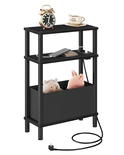 CHOEZON 3-stufiger schmaler Beistelltisch mit Ladestation für kleine Räume, Nachttisch mit herausnehmbarer Schublade aus Vlies, für Schlafzimmer, Wohnzimmer, Büro, Schwarz DTBZ07CBB