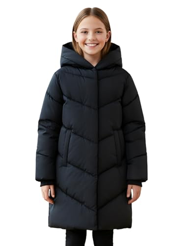 Sunny Sprout Winterjacke mit Kapuze für Mädchen - Lange gefütterte Pufferjacke mit winddichten Ärmeln für Kinder Schwarz 134