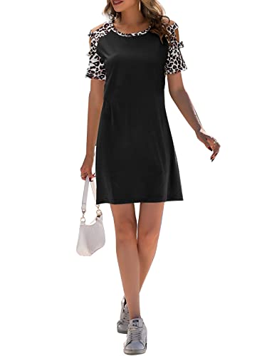 JayscreateEU ​​Robe t-Shirt d'été pour Femme Robe Longueur Genou Robe col Rond à Manches Courtes Robe décontractée Robe Courte de Plage Robe Tunique Robe Patchwork léopard,Noir,XL Cover