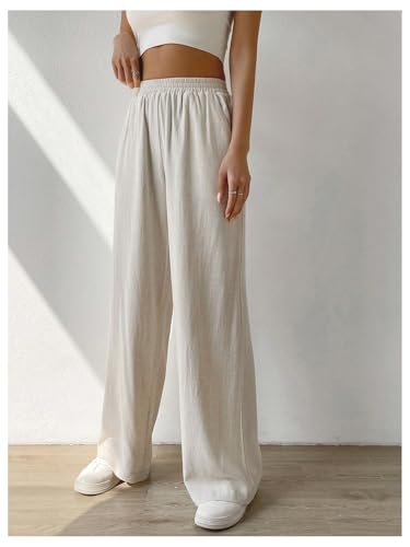 SOLY HUX Women's Casual Linen Pants Elastic High Waisted Wide Leg Long Pants Trousers with Pockets4