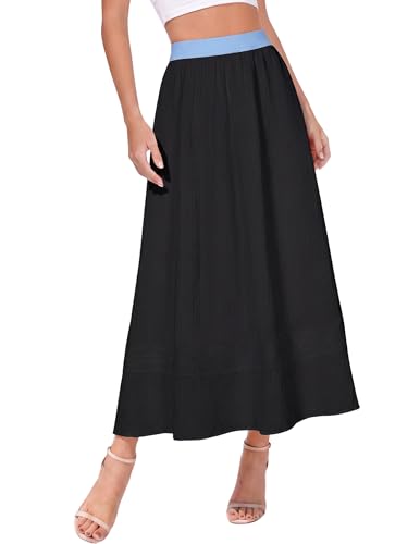 DERAX Womens Flowy Maxi Skirt Summer Elastic High Waisted A-Line Casual Elegant Long Skirts with Pockets Black XS