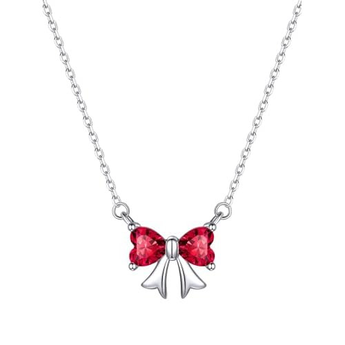 ChicSilver Bow Birthstone Necklace, 925 Sterling Silver Pendant Necklaces for Women, Hypoallergenic Silver Choker with 16 inch Rolo Chain, 12 Months J