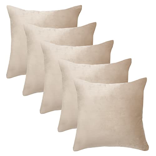Image of Amazon Brand - Umi Velvet Decorative Cushion Cover 16x16 Inch - Set of 5, Soft Solid Square Throw Pillow Covers for Sofa, Living Room or Home Decor - 40x40 cm in Beige Color