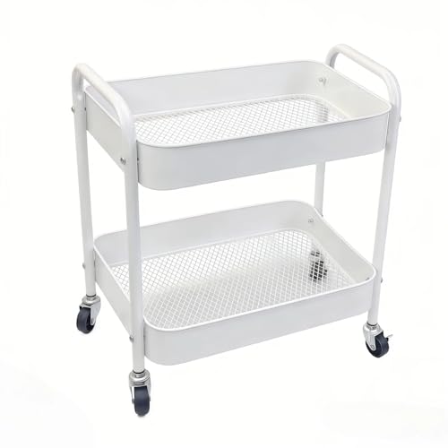 Ufriandz Under Desk Storage Cart 2 Tier Utility Rolling Cart with Wheels Small Metal Mobile Trolley with Handle Two Tiered Utility Organizer Roller for Kitchen Office Bathroom Pantry Room White