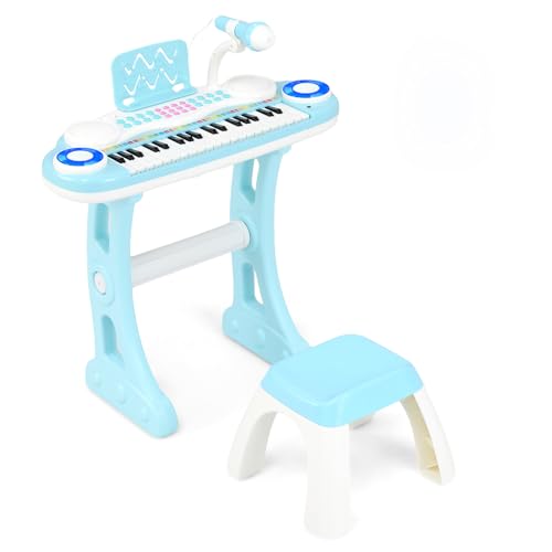 COSTWAY Piano Numérique à 37 Touches Enfants avec Tabouret & Microphone Réglable, Clavier Electronique avec Pupitre & Lumière, Enregistrement et Lecture, Charge 100kg pour Enfants de 18 Mois+