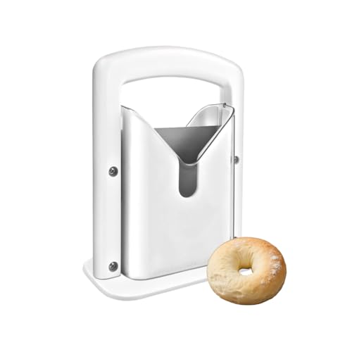 CJFNDFA Bagel Slicer & Cutter for Large Bagels - Stainless Steel Universal Slicer with Safety Shield & Grip | Perfect for Homemade Bagel Making (White)