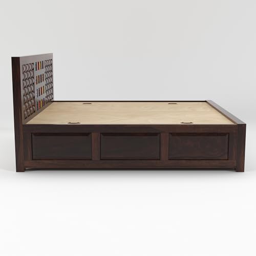 Image of Sheesham Wood King Size Bed with Storage Box | Wooden Box Bed King Size Double Cot Bed with Storage for Bedroom | Premium Niwar Tile Design Headboard Bed for Hotel, Home | Walnut Finish