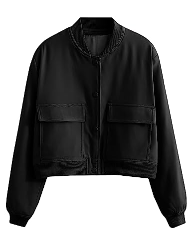SCUSTY Women's Button Down Bomber Jacket Drop Shoulder Short Cropped Coat Outwear