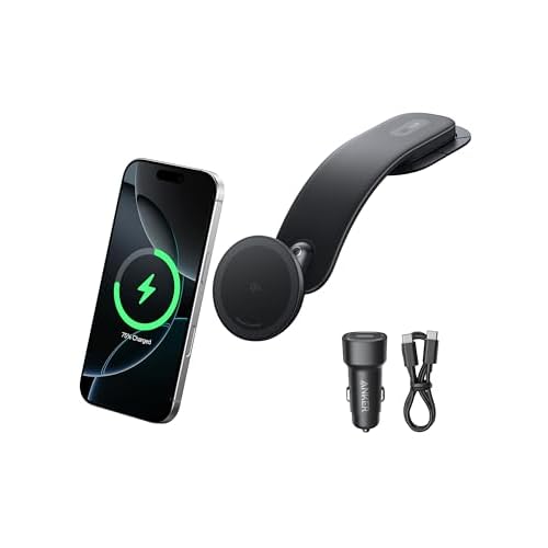 Anker Nano kabelloses Kfz-Ladegerät, 360° verstellbares magnetisches Ladegerät, abnehmbares Pad, 15W Qi2 Schnellladen, robuste Metallhalterung, Für iPhone 17/16/15/14/13/12 Serie (Mit Netzte