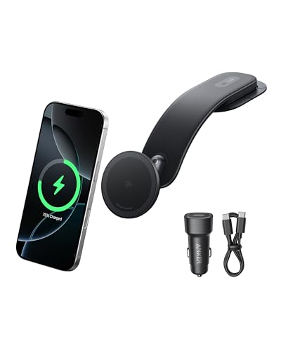 Anker Nano kabelloses Kfz-Ladegerät 360 verstellbares magnetisches Ladegerät abnehmbares Pad 15W Qi2 Schnellladen robuste Metallhalterung Für iPhone 17/16/15/14/13/12 Serie (Mit Netzteil)