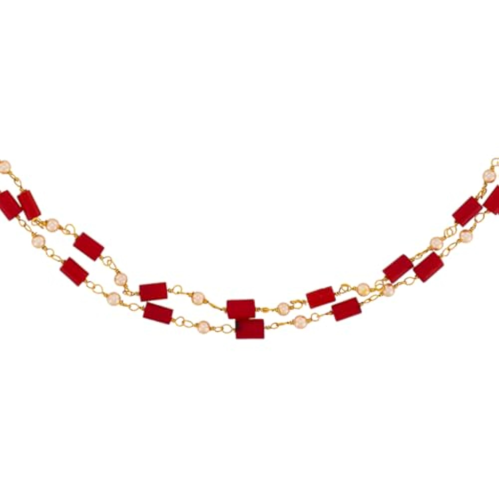 Women's Red-Pearl Gold Plated 92.5 Silver Temple Beaded Chain, Adjustable