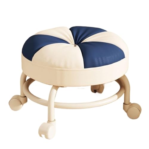Taburete rodante bajo, de piel sintética suave, asiento con ruedas, taburetes cortos con ruedas para el hogar, jardín, masaje, oficina, garaje, tienda, fitness, deporte (azul)