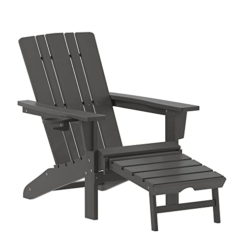 Flash Furniture Halifax Poly Resin Adirondack Chair With Cup Holder And Pull Out Ottoman, All-Weather Poly Resin Indoor/Outdoor Lounge Chair, Gray, Set Of 1 #TOP4