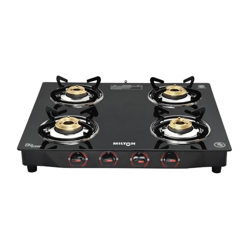 Image of MILTON Premium 4 Burner Black Manual Ignition Glass Top Gas Stove, (ISI Certified)