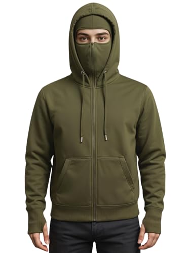 Image of ADRO Men Balaclava Hoodies | 320 GSM Soft Cotton Zipper Hoodie | Thumb-Hole Cuff Gloves | Travel Jacket with Hood | Winter Sweatshirt