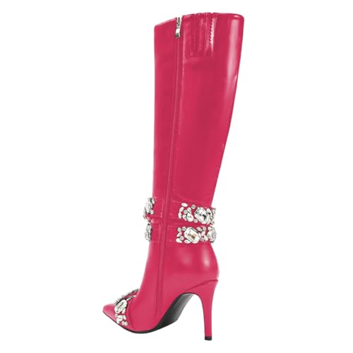 FSJ Women Rhinestone Crystal Knee High Boots Pointed Toe Stiletto Heel Boots Side Zipper Gemstone Strap Fashion Party Dress Shoes Size 4-16 US3