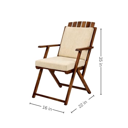 Image of WELL KNOWN Foldable Wooden Outdoor Chair with Cushioned Seat & Backrest - Patio Garden Armchair with Cream Paisley Fabric, Space-Saving Design, 34 Inch Height, Natural Finish