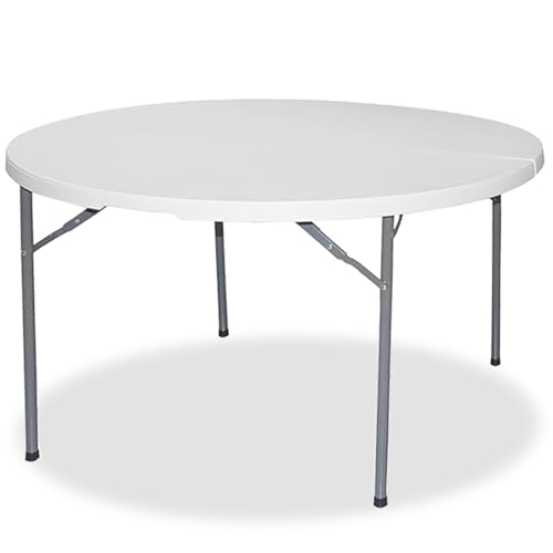 Acomoda Textil – Mesa Redonda Portátil para Jardín, Terraza y Camping. Mesa Blanca Plegable de Interior y Exterior, Resistente y Duradera con Asa de Transporte 122x74 cm