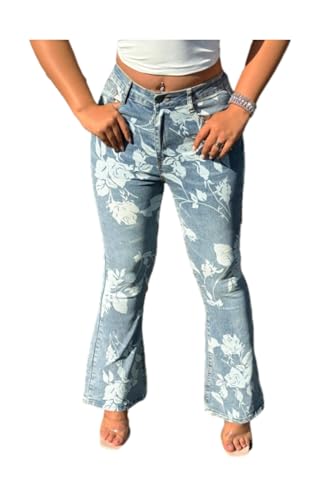 Woman Wide Leg Jeans High Waisted Baggy Jeans Elastic Stretchy Jean Bootcut Leg Denim Pants with 3D Print Flower