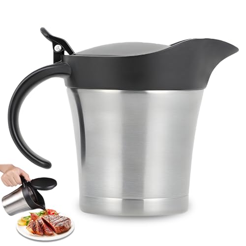 GOEDCH Edelstahl Thermo Sauciere 450ML: Doppelt Isoliert mit Klappdeckel Soßenkanne, Isolierter Saucenbehälter mit Henkel zum Servieren von Soße Vanillesoße Sahne Hause oder auf Dinnerpartys