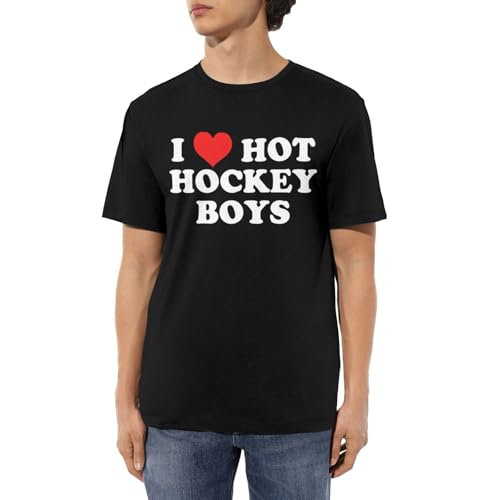 Haebfsl I Love Hot Hockey Boys Men's Cotton T-Shirts Casual Basic Crew Neck Tshirts Short Sleeve Fashion Tee Shirts,Medium Black