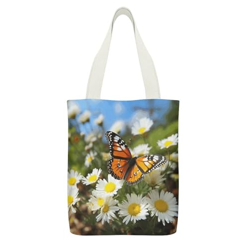 JTREHY Butterfly on Daisy Flower Canvas Tote Cute Zipper Canvas Bags Exquisite Fashion Single Shoulder Cloth Totes Shopping Lightweight Handbag for Travel Work Gift