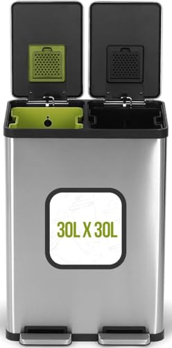 SIMPLI-MAGIC 60 Liter / 16 Gallon Rectangular Hands-Free Dual Compartment Recycling Kitchen Step Trash Can with Soft-Close Single Lid, Stainless Steel (30L x 30L Capacity) SIMPLI-MAGIC 60 Liter / 16 Gallon Rectangular Hands-Free Dual Compartment Recycling Kitchen Step Trash Can with Soft-Close Single Lid, Stainless Steel (30L x 30L Capacity)