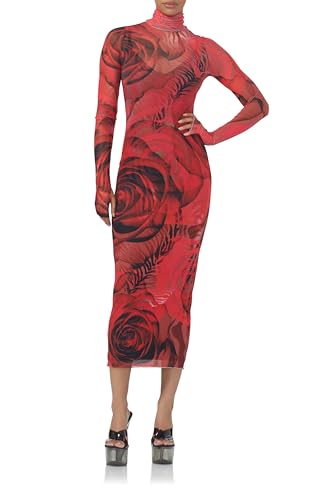 Women's Shailene Turtleneck Long Sleeve Mesh Bodycon Midi Dress