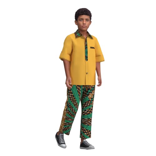 Image of XIAOHUAGUA African Clothes for Boy Kids African Outfit 2 Pcs Set Kente Print Shirt and Long Pants