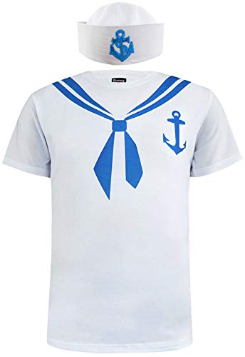 Funny World Men's Sailor Costume T-Shirt with Sailor Hat (L) White