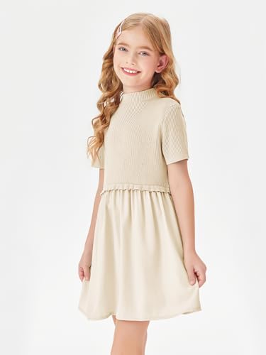 Haloumoning Girls Short Sleeve Mock Neck Dress Summer Casual Dresses A-Line Swing Elegant Sundress2