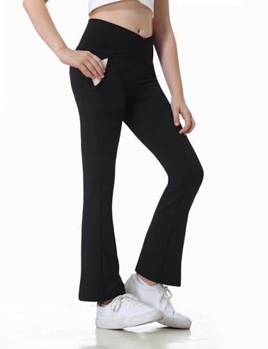 Bundle of Leggings with Pockets for Girls Solid Black Stretch High Waist Tummy Control Workout Dance Bootcut Yoga Pants3