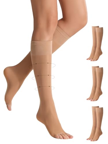 Yilamy 3 Pairs Toeless Compression Socks Sheer Knee High Open Toe Trouser Socks 8-10 mmHg Stockings for Women