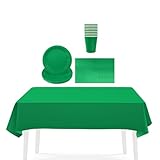 Christmas Green Party Paper Tableware Set - 16 Cups, 20 Napkins, 16 Plates, Large Plastic Tablecloth for Xmas Table Decor