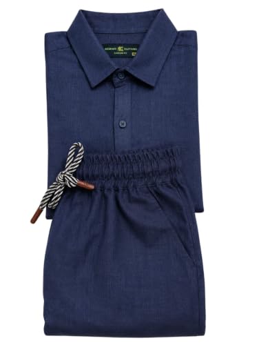 Image of Men's Premium Linen Co-Ord Set | Regular Fit Full Sleeve Solid Shirt with Drawstring Trouser | Breathable Linen Casual Outfit for Summer, Travel, Beach, Vacation & Daily