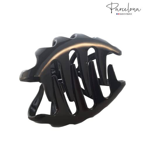 Parcelona French Octopus Black Wide Flat Teeth 3 1/4" Celluloid Acetate No-Slip Grip Covered Spring Jaw Bun Cover Hair Claw Clip For Women Durable Styling Hair Accessories Women Strong Hold Girls Hair Claw Clips, Made In France #TOP2
