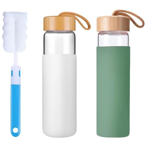 Yomious 20oz Borosilicate Glass Water Bottle with Bamboo Lid and Silicone Sleeve – Reusable BPA Free – Glass Drinking Bottle with Lids - Bundle of 2 Cover