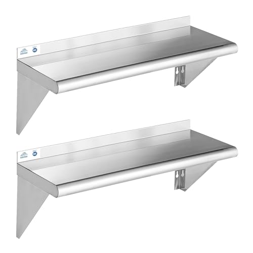 Image of ROCKPOINT Stainless Steel Shelf 10 x 48 Inches 280lb, 2 Pack NSF Metal Commercial Shelves Wall Mount Floating Shelving with Backsplash for Restaurant, Kitchen, Home and Hotel, Silver