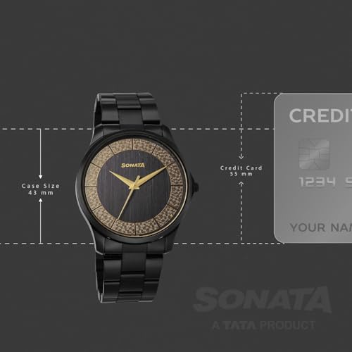 Image of Sonata Traditional Essentials Quartz Black Gold Round Dial Men's Watch | Analog Watch | Watches for Men Analog - 77163NM01W